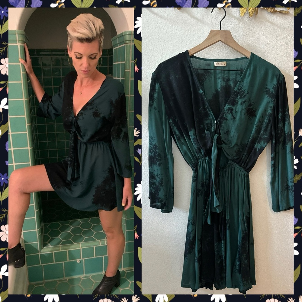 KUSH TIE DYE GREEN AND BLACK MINI DRESS, SIZE SMALL